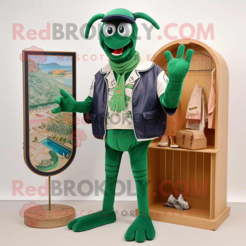 Forest Green Lobster mascot costume character dressed with a Board Shorts and Brooches