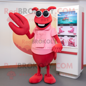 Pink Lobster Bisque mascot costume character dressed with a Midi Dress and Wallets