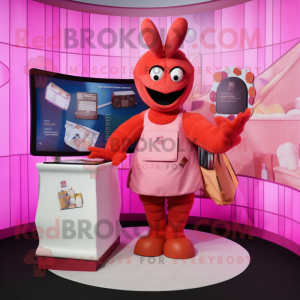 Pink Lobster Bisque mascot costume character dressed with a Midi Dress and Wallets