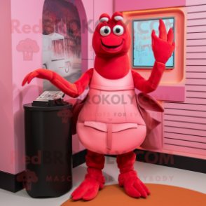 Pink Lobster Bisque mascot costume character dressed with a Midi Dress and Wallets