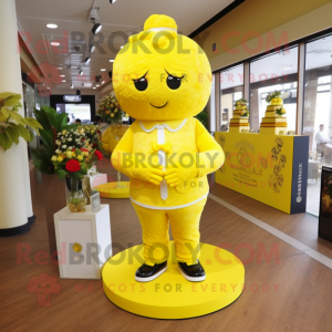 Lemon Yellow Wedding Cake mascot costume character dressed with a Jumpsuit and Necklaces