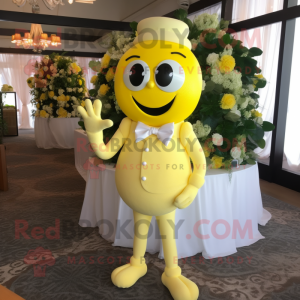Lemon Yellow Wedding Cake mascot costume character dressed with a Jumpsuit and Necklaces