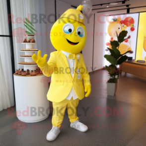 Lemon Yellow Wedding Cake mascot costume character dressed with a Jumpsuit and Necklaces