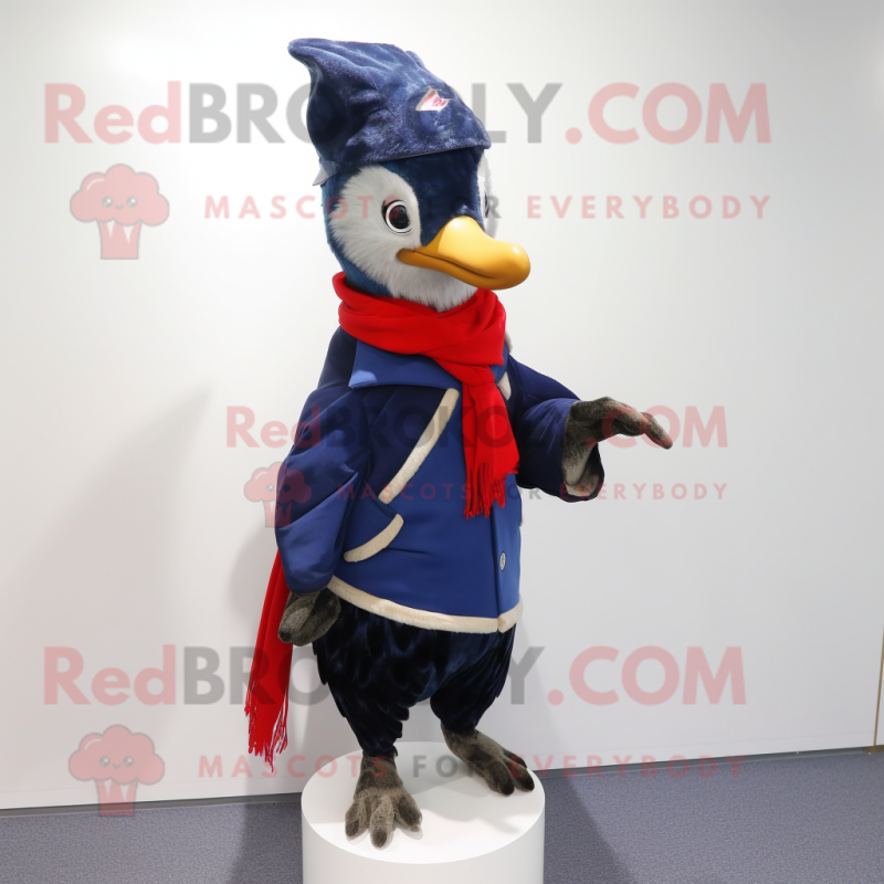 Navy Woodpecker mascot costume character dressed with a Parka and Shawls Navy Woodpecker mascot costume character dressed with a Parka and Shawls