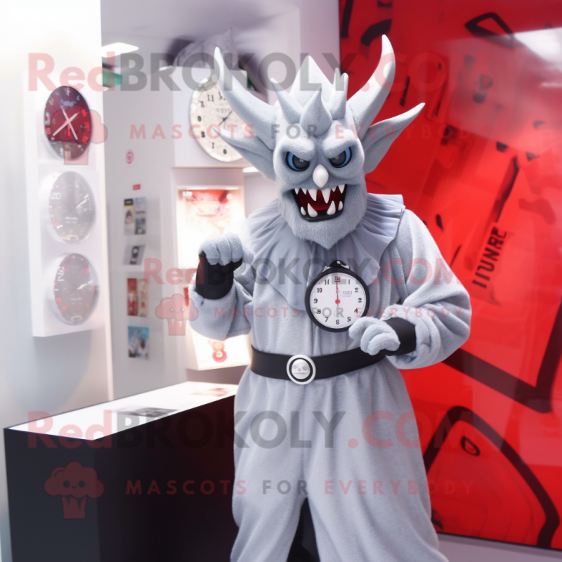 Silver Devil mascot costume character dressed with a Coat and Watches Silver Devil mascot costume character dressed with a Coat and Watches