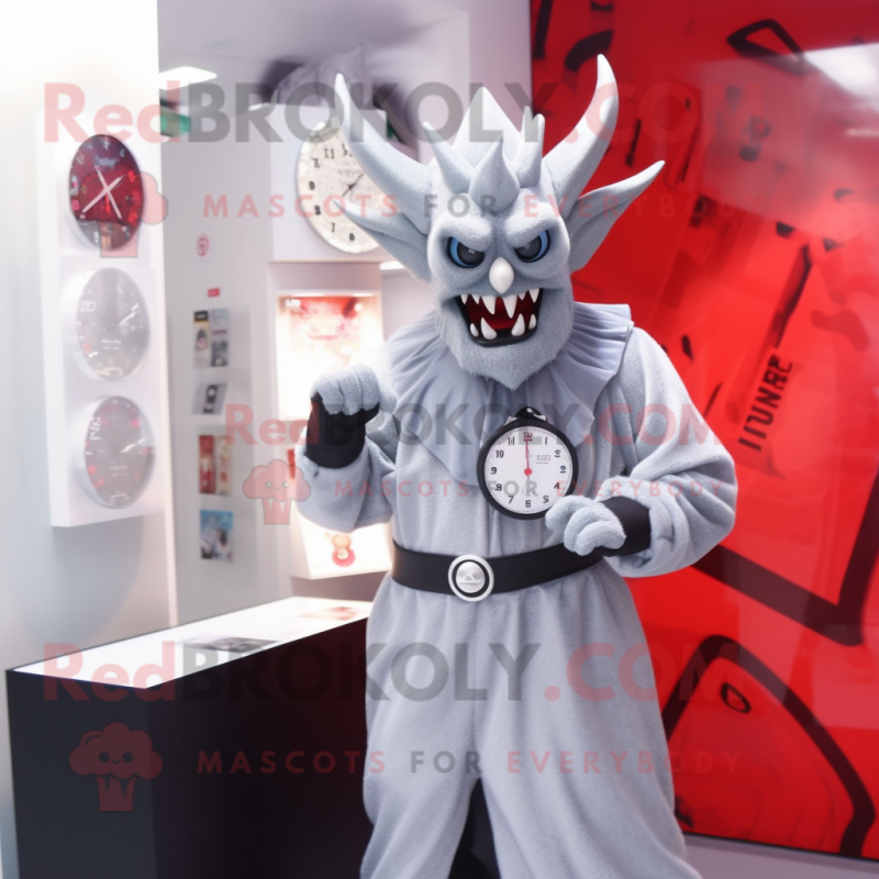 Silver Devil mascot costume character dressed with a Coat and Watches