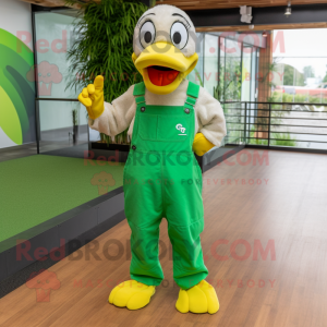 Lime Green Gosling mascot costume character dressed with a Dungarees and Cufflinks