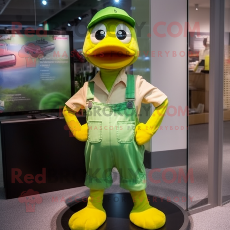 Lime Green Gosling mascot costume character dressed with a Dungarees and Cufflinks Lime Green Gosling mascot costume character dressed with a Dungarees and Cufflinks