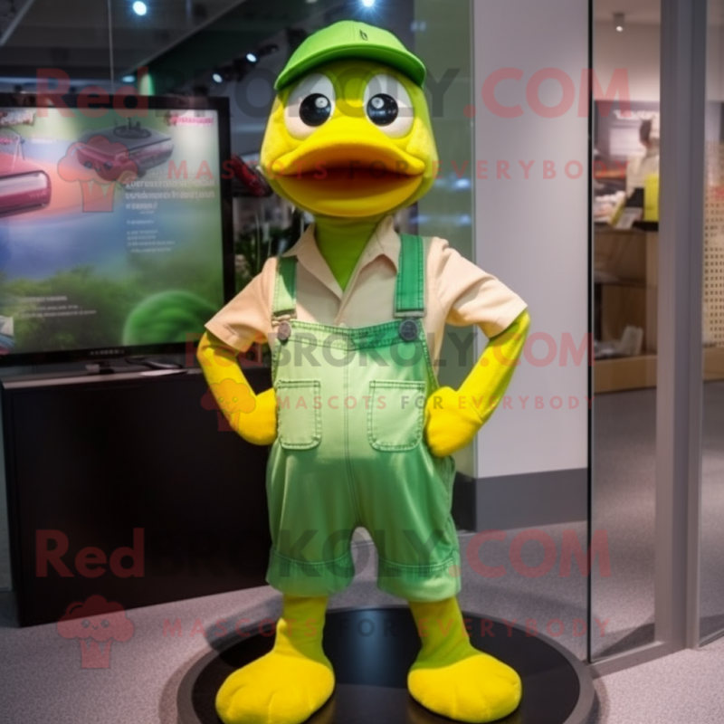 Lime Green Gosling mascot costume character dressed with a Dungarees and Cufflinks