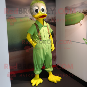 Lime Green Gosling mascot costume character dressed with a Dungarees and Cufflinks