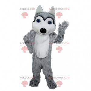Grijze en witte wolf mascotte met blauwe ogen - Redbrokoly.com
