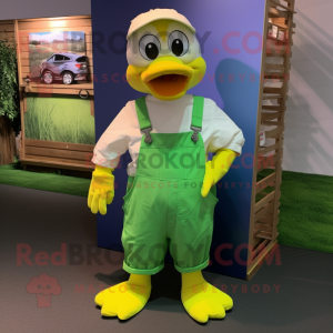 Lime Green Gosling mascot costume character dressed with a Dungarees and Cufflinks
