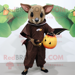 Brown Fruit Bat mascot costume character dressed with a Sheath Dress and Beanies