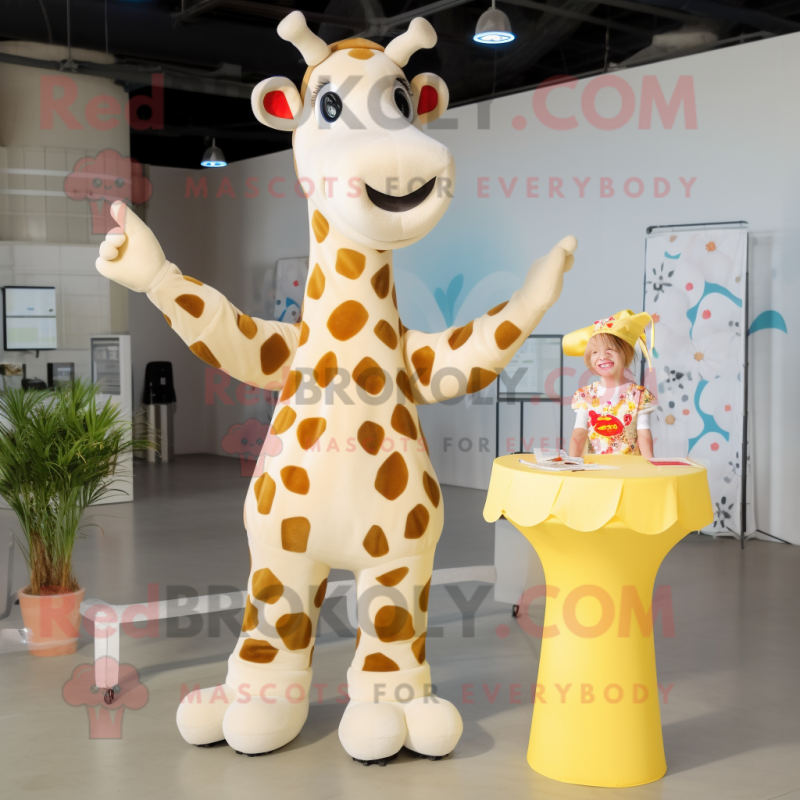 Cream Giraffe mascot costume character dressed with a Shift Dress and Headbands