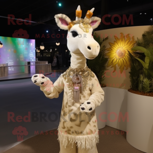 Cream Giraffe mascot costume character dressed with a Shift Dress and Headbands