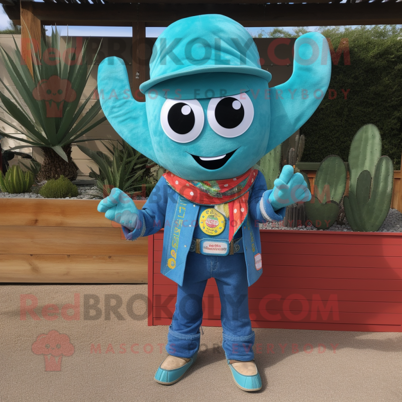 Turquoise Enchiladas mascot costume character dressed with a Jeans and Keychains Turquoise Enchiladas mascot costume character dressed with a Jeans and Keychains