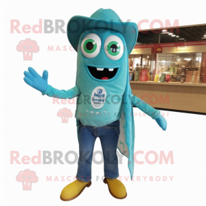 Turquoise Enchiladas mascot costume character dressed with a Jeans and Keychains