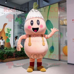 Peach Radish mascot costume character dressed with a Dungarees and Anklets