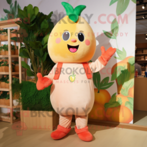 Peach Radish mascot costume character dressed with a Dungarees and Anklets