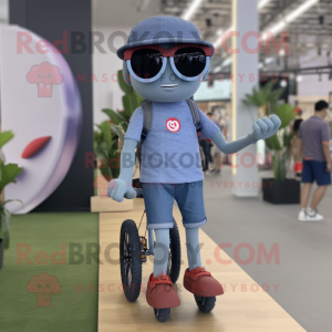 Gray Unicyclist mascot costume character dressed with a Denim Shorts and Sunglasses