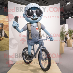 Gray Unicyclist mascot costume character dressed with a Denim Shorts and Sunglasses