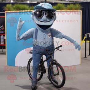 Gray Unicyclist mascot costume character dressed with a Denim Shorts and Sunglasses