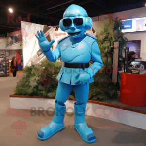 Cyan Commando mascot costume character dressed with a A-Line Dress and Shoe clips