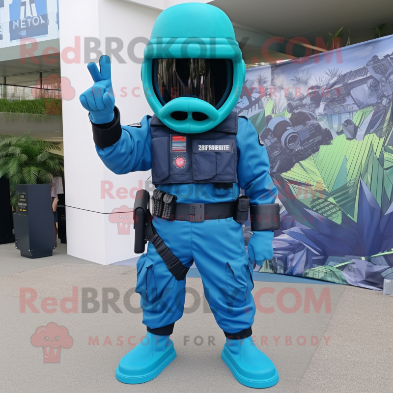 Cyan Commando mascot costume character dressed with a A-Line Dress and Shoe clips