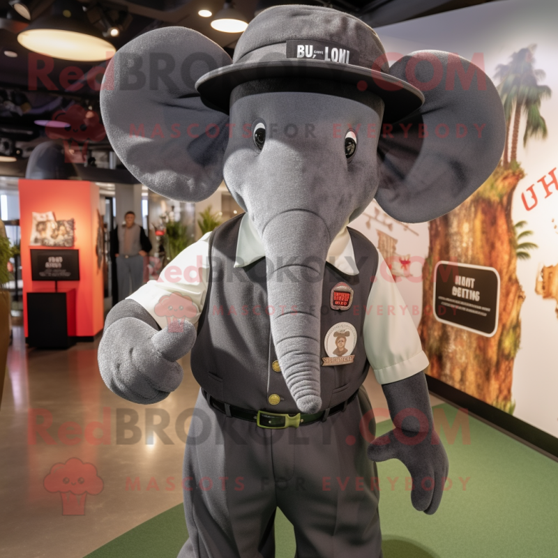 Black Elephant mascot costume character dressed with a Button-Up Shirt and Hat pins