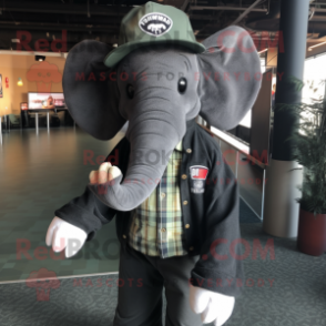 Black Elephant mascot costume character dressed with a Button-Up Shirt and Hat pins