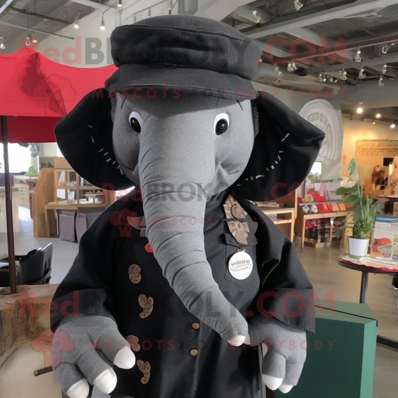 Black Elephant mascot costume character dressed with a Button-Up Shirt and Hat pins Black Elephant mascot costume character dressed with a Button-Up Shirt and Hat pins