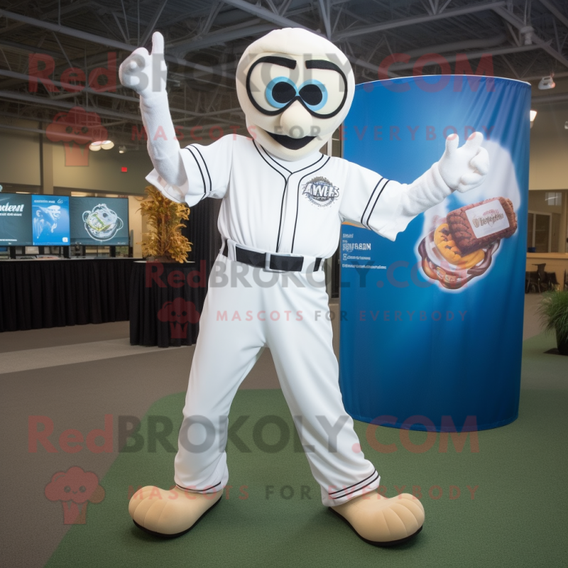 White Stilt Walker mascot costume character dressed with a Baseball Tee and Bracelets White Stilt Walker mascot costume character dressed with a Baseball Tee and Bracelets