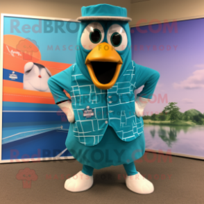 Teal Alliance mascot costume character dressed with a Board Shorts and Bow ties