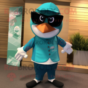 Teal Alliance mascot costume character dressed with a Board Shorts and Bow ties