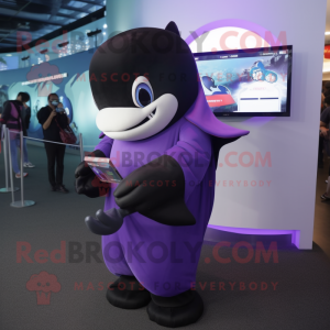 Purple Killer Whale mascot costume character dressed with a Cover-up and Clutch bags