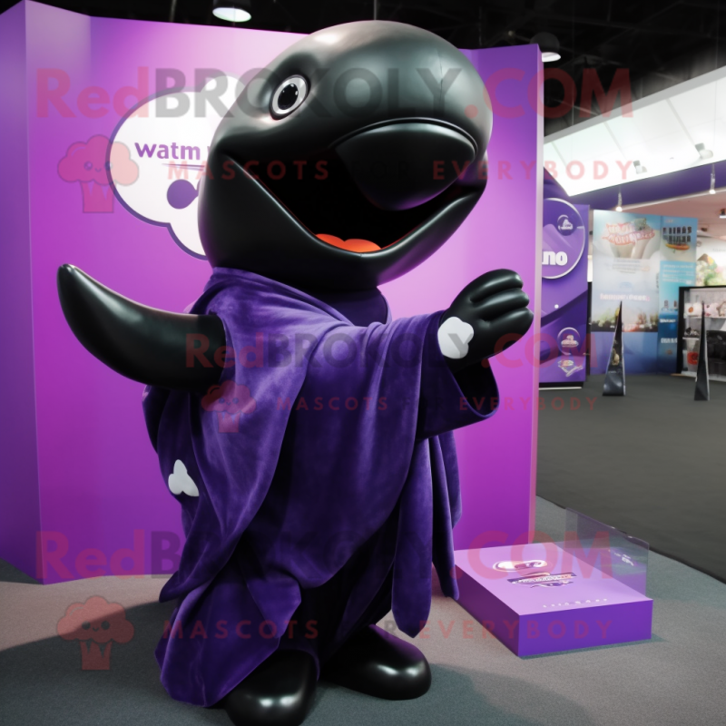 Purple Killer Whale mascot costume character dressed with a Cover-up and Clutch bags