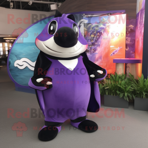 Purple Killer Whale mascot costume character dressed with a Cover-up and Clutch bags