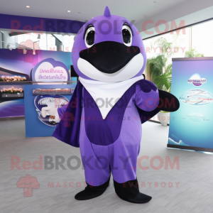 Purple Killer Whale mascot costume character dressed with a Cover-up and Clutch bags