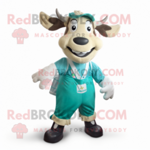 Teal Zebu mascot costume character dressed with a Overalls and Anklets