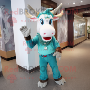 Teal Zebu mascot costume character dressed with a Overalls and Anklets