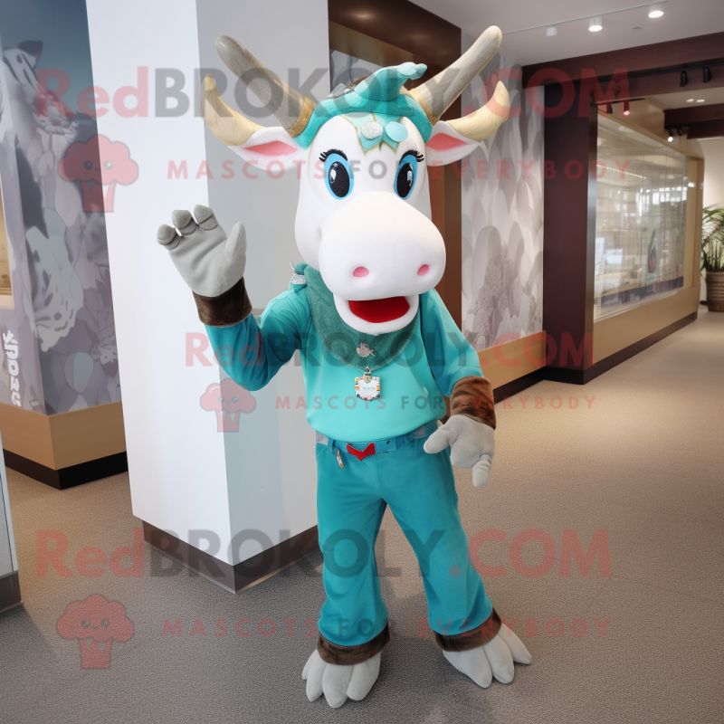 Teal Zebu mascot costume character dressed with a Overalls and Anklets Teal Zebu mascot costume character dressed with a Overalls and Anklets