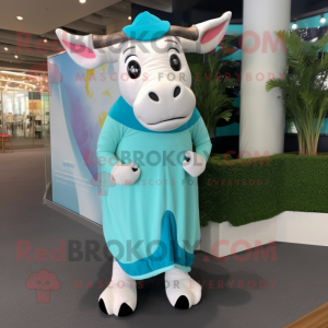 Teal Zebu mascot costume character dressed with a Overalls and Anklets
