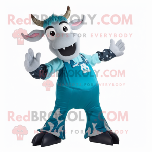 Teal Zebu mascot costume character dressed with a Overalls and Anklets