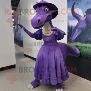 Purple Parasaurolophus mascot costume character dressed with a A-Line Dress and Caps