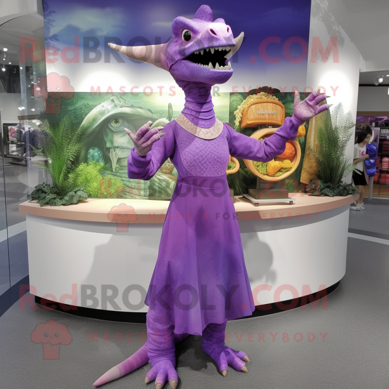 Purple Parasaurolophus mascot costume character dressed with a A-Line Dress and Caps