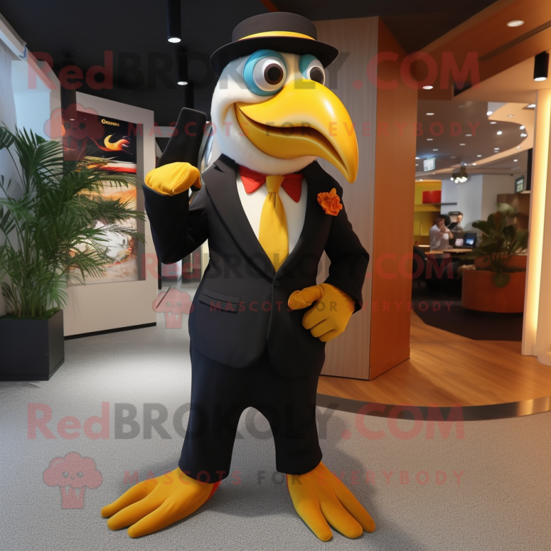 Gold Toucan mascot costume character dressed with a Suit Pants and Gloves Gold Toucan mascot costume character dressed with a Suit Pants and Gloves