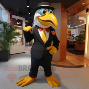 Gold Toucan mascot costume character dressed with a Suit Pants and Gloves