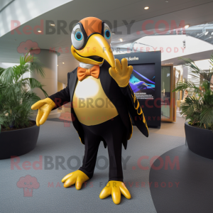 Gold Toucan mascot costume character dressed with a Suit Pants and Gloves