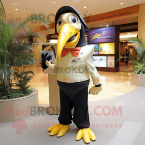 Gold Toucan mascot costume character dressed with a Suit Pants and Gloves