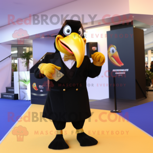 Gold Toucan mascot costume character dressed with a Suit Pants and Gloves